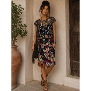 3D Floral Embroidered Mesh Dress Black Multi Colorful Garden Party NWOT Size L